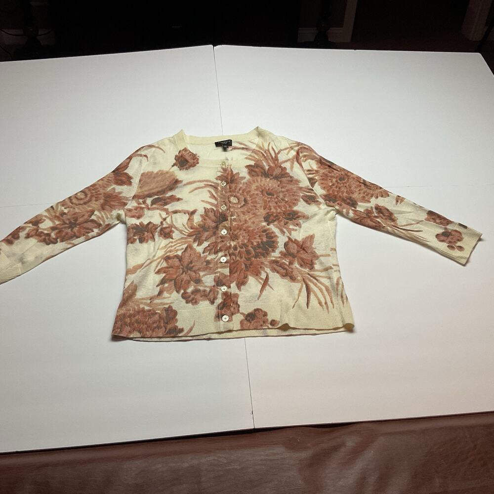 Talbots Linen Viscose Blend Size PM Button Up Floral Cardigan Lightweight
